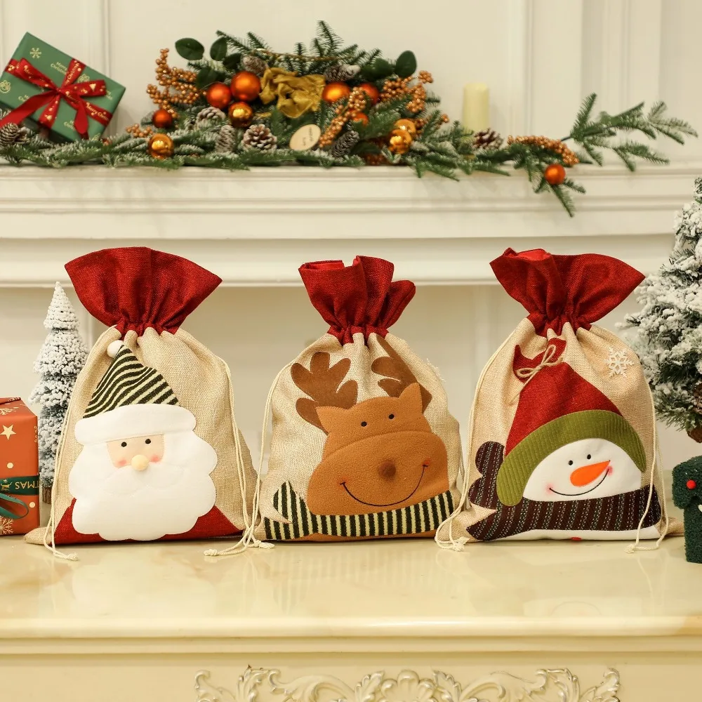 الكتان هدايا عيد الميلاد حقيبة مع الرباط أولدمان ثلج الأيائل علاج كاندي حقيبة تخزين قابلة لإعادة الاستخدام أكياس هدايا عيد الميلاد لحفلة عيد الميلاد