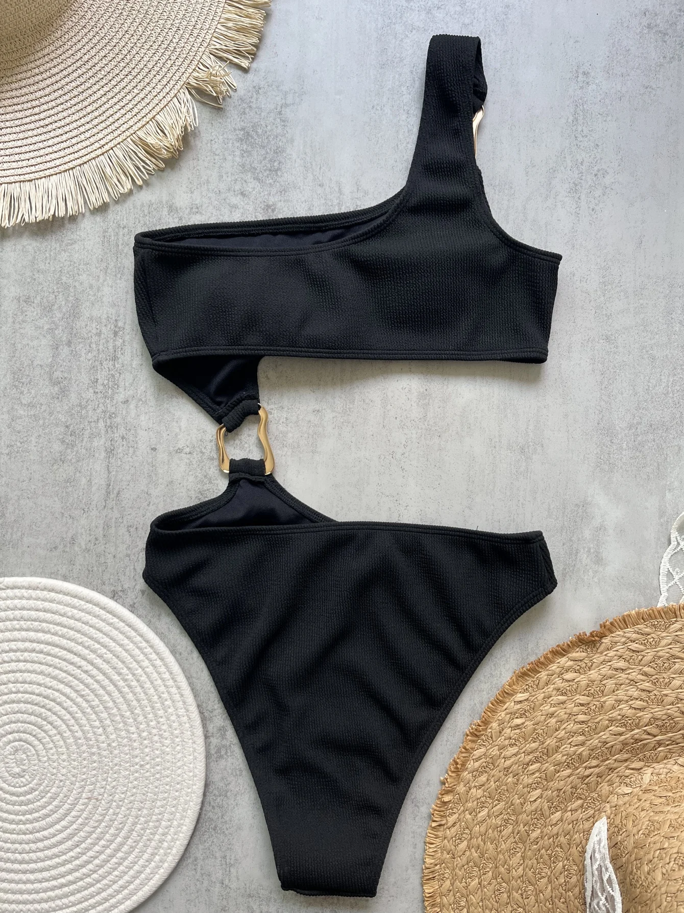 Women's One Piece Swimsuit Ring Cut Out Front High Cut Cheeky Bathing Suit Monokini Swimwear One Shoulder Ribbed Monokini