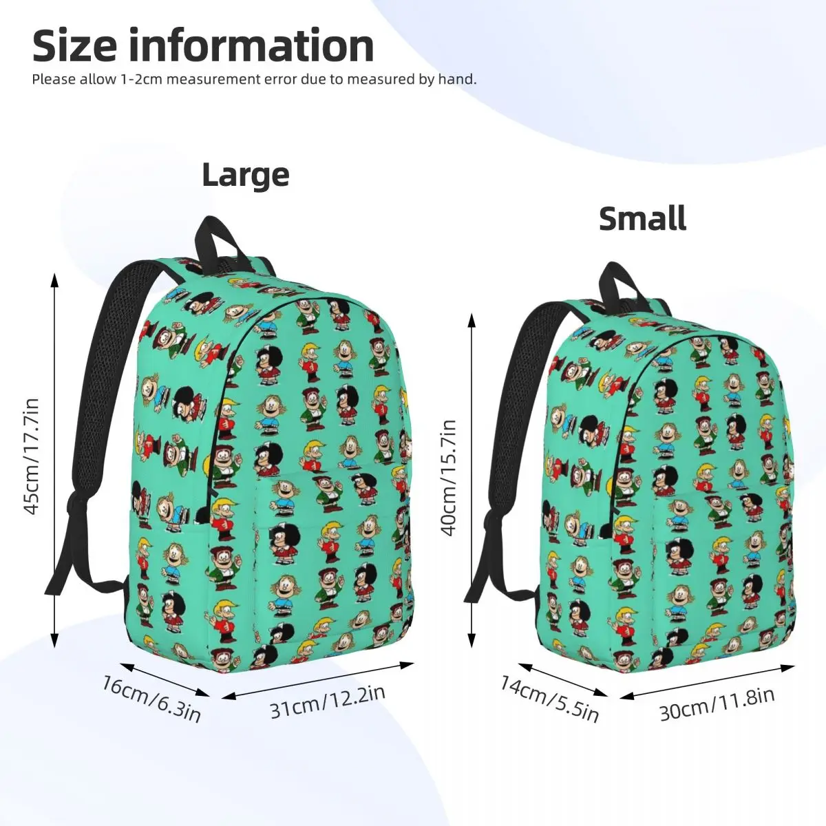 Mafalda Mug Gang Mochila para Jardim de Infância, escola primária estudante Bookbag, menino e menina, mochila de lona infantil, ao ar livre