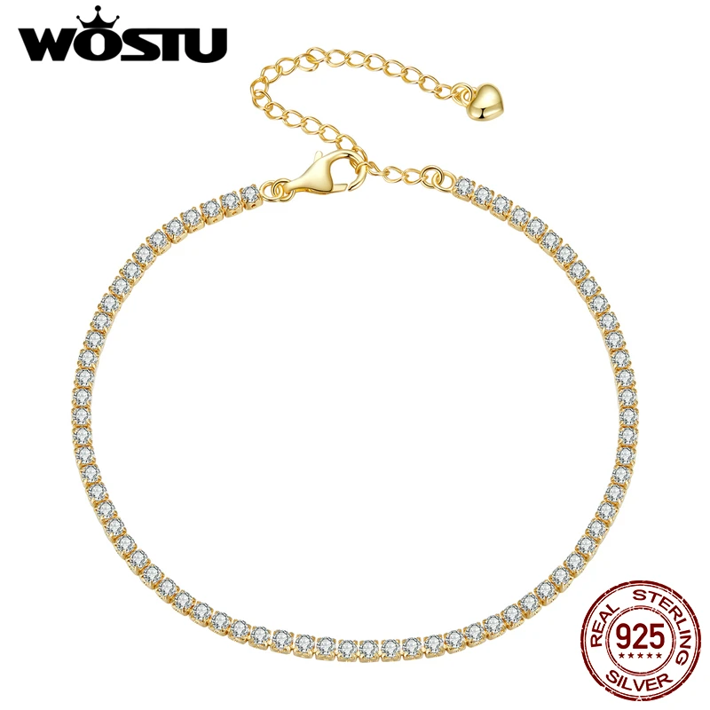 WOSTU 925 Sterling Silver 18K Gold Women Adjustable Tennis Bracelet  3mm Clear AAA CZ Classic Chain Links Wedding Jewelry Gift