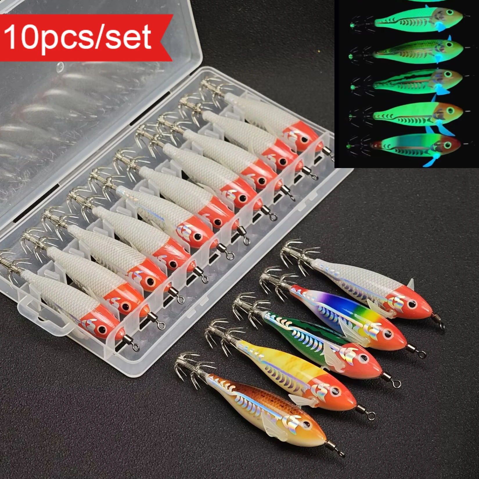 10 Stück 8cm Horizontaler Tintenfisch-Jig Egi-Set Leuchtender Meeres-Tintenfisch-Oktopus-Tintenfisch-Köder Angelzubehör-Set