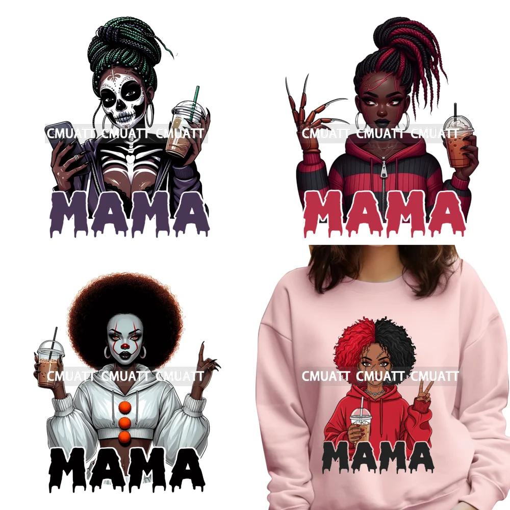 

Скелет Страшный Фильм Убийца Афро Мама Кофе Хэллоуин Персонаж Утюг на DTF Термотрансферы Наклейки Готовые к Давлению для Текстиля