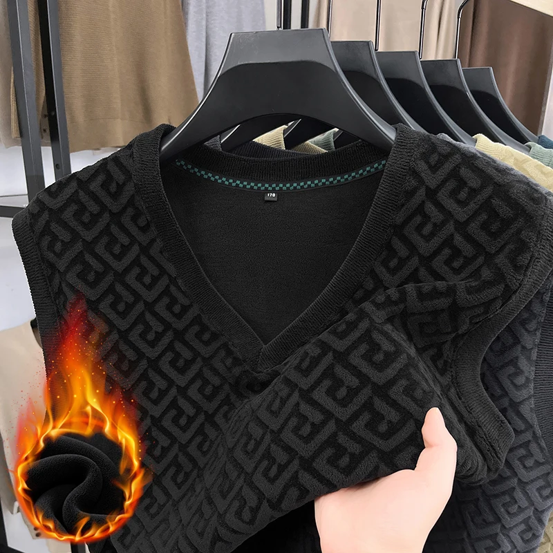 เกาหลีแฟชั่นผู้ชายหนา Jacquard รูปแบบเสื้อกันหนาวหรูหรา Pullover 2024 ฤดูใบไม้ร่วงฤดูหนาวแขนกุดชายเสื้อกั๊กจัมเปอร์