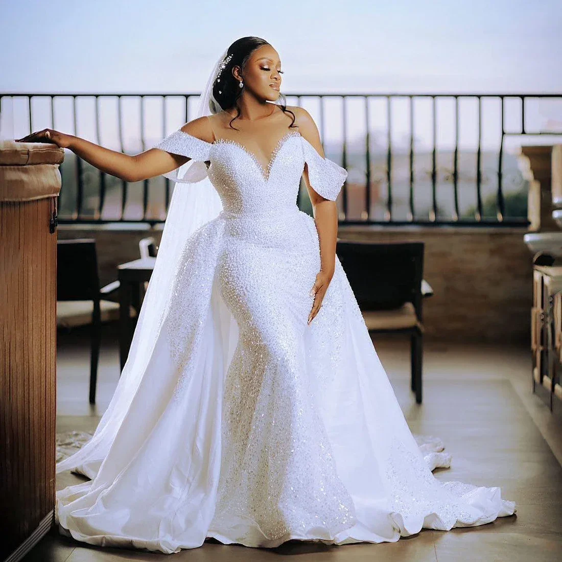 Customized Off the Shoulder Sparkly Beads Sequins Wedding Dress with Removable Skirt  Robe De Mariée  African Luxury Bridal Gown