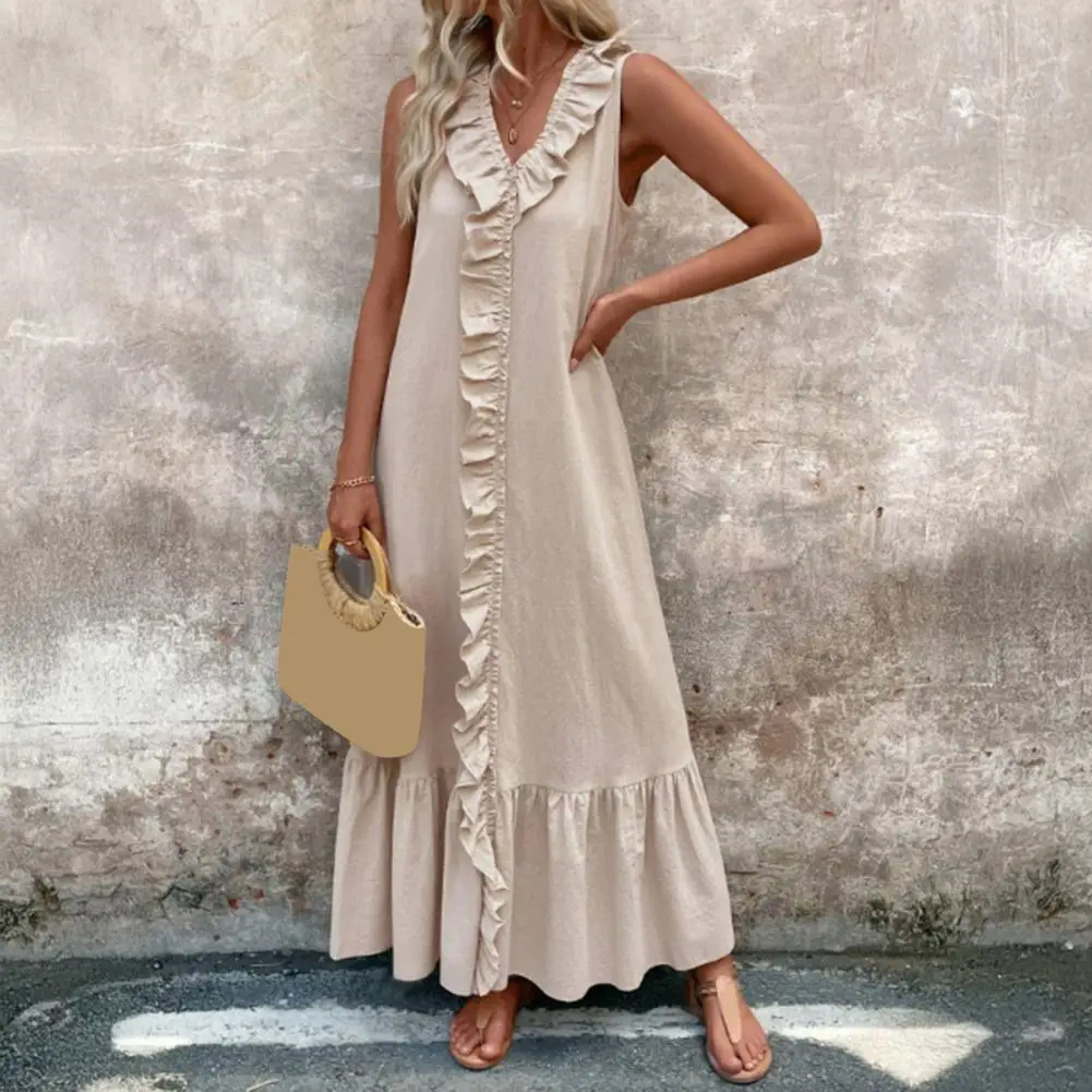 

Loose Sleeveless Boho Dress 2025 V Neck Large Swing Solid Color Dress Ruffle Spliced Summer Vest Dresses Long Vestidos