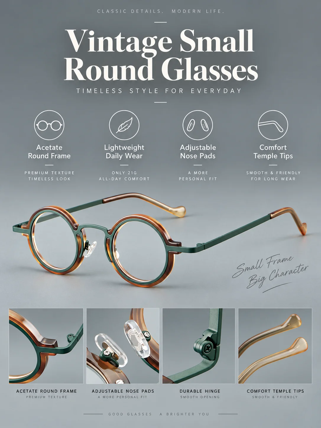 HONKAN Ultraleichter Acetat-Rahmen Metall-Brillengestell Retro Runde Lesebrille für Herren und Damen Hochwertiger Optischer Brillenrahmen – Detail 5