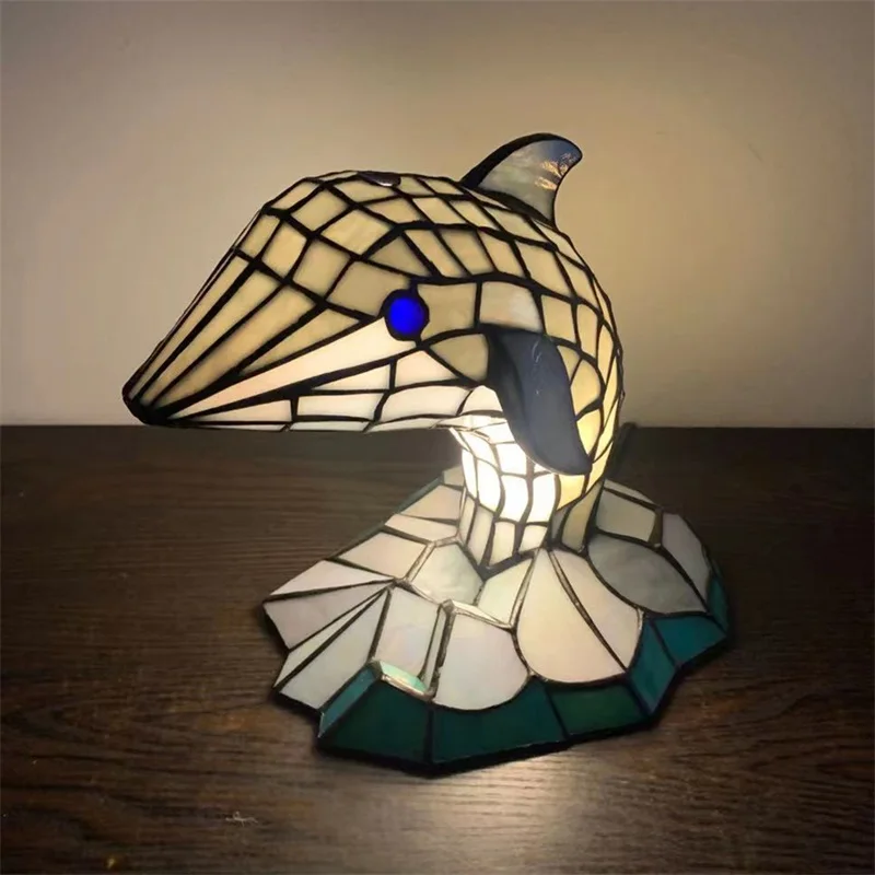 BELLE Tiffany Glass Table Lamp LED Creative Lion Dolphin Bedside Small Desk Light Fashion For Home Living Room Bedroom