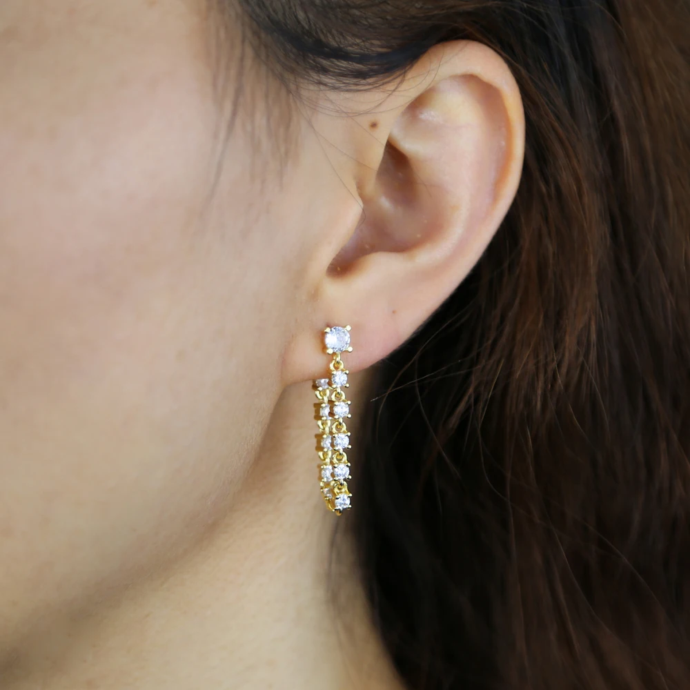 Gold Silver Color 5A Clear Cubic Zirconia Iced Out Bling Sparking CZ Link Chain Tassel Dangle Fashion Women Earring