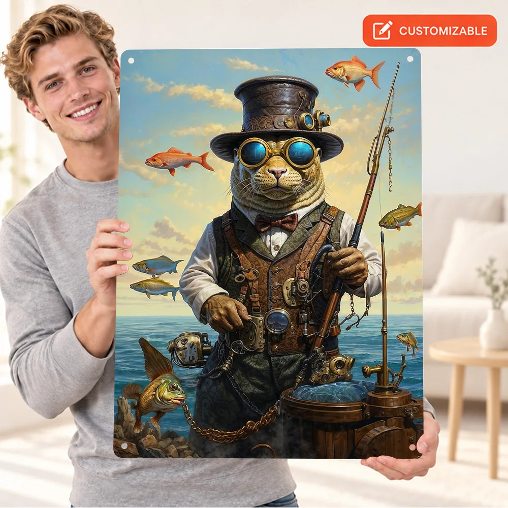 Steampunk Seal Fisherman Aluminum Poster Retro Bold Contemporary Illustration Studio Wall Art Personalized Metal Sign Fan Gift