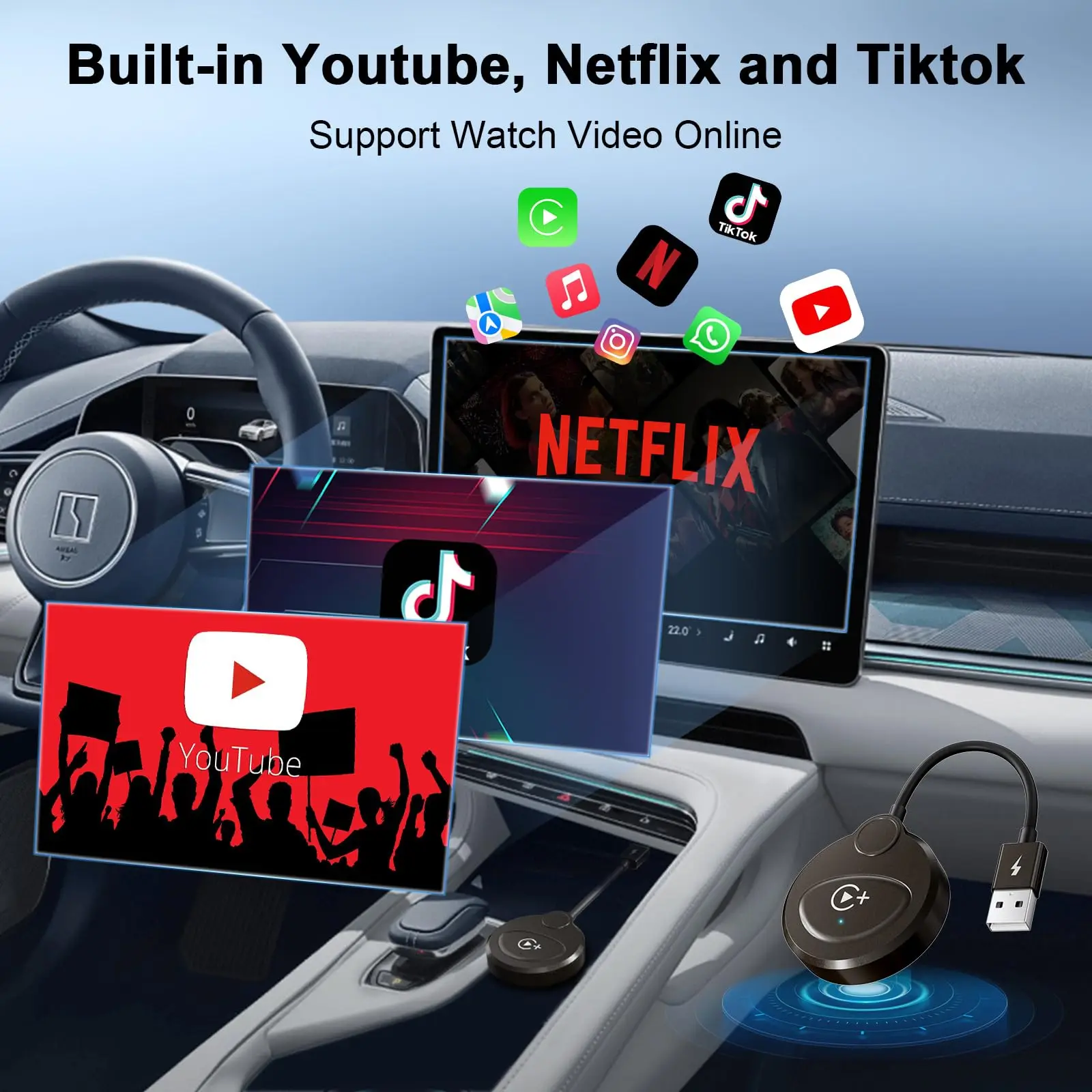 Wireless Carplay Adapter Built in YouTube Netflix,Carplay Wireless for Wired CarPlay to Wireless Support YouTube Netflix Tiktok