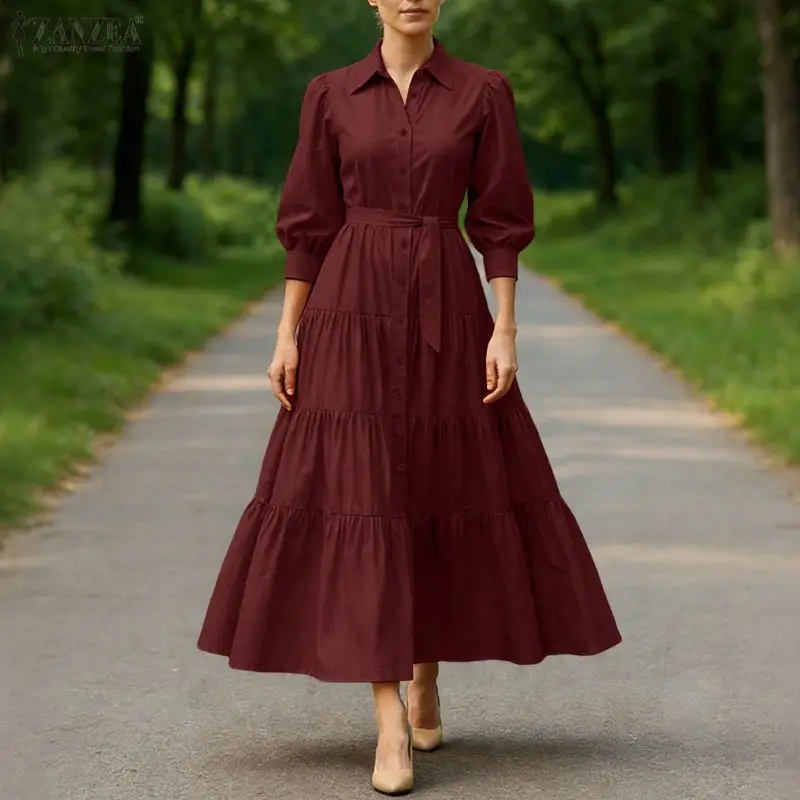 2026 Spring Shirt Dress ZANZEA Women Elegant Lapel Neck 3/4 Sleeve Robe Stylish Solid OL Work Dresses Casual Buttons Up Sundress