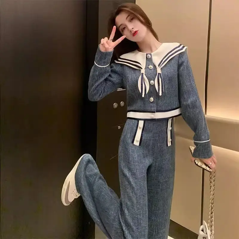 Spring Fashion Elegant Peter Pan Collar Coat Chic Vintage Women Jacket Top High Waist Long Pants New Two Pieces Set Tracksuits