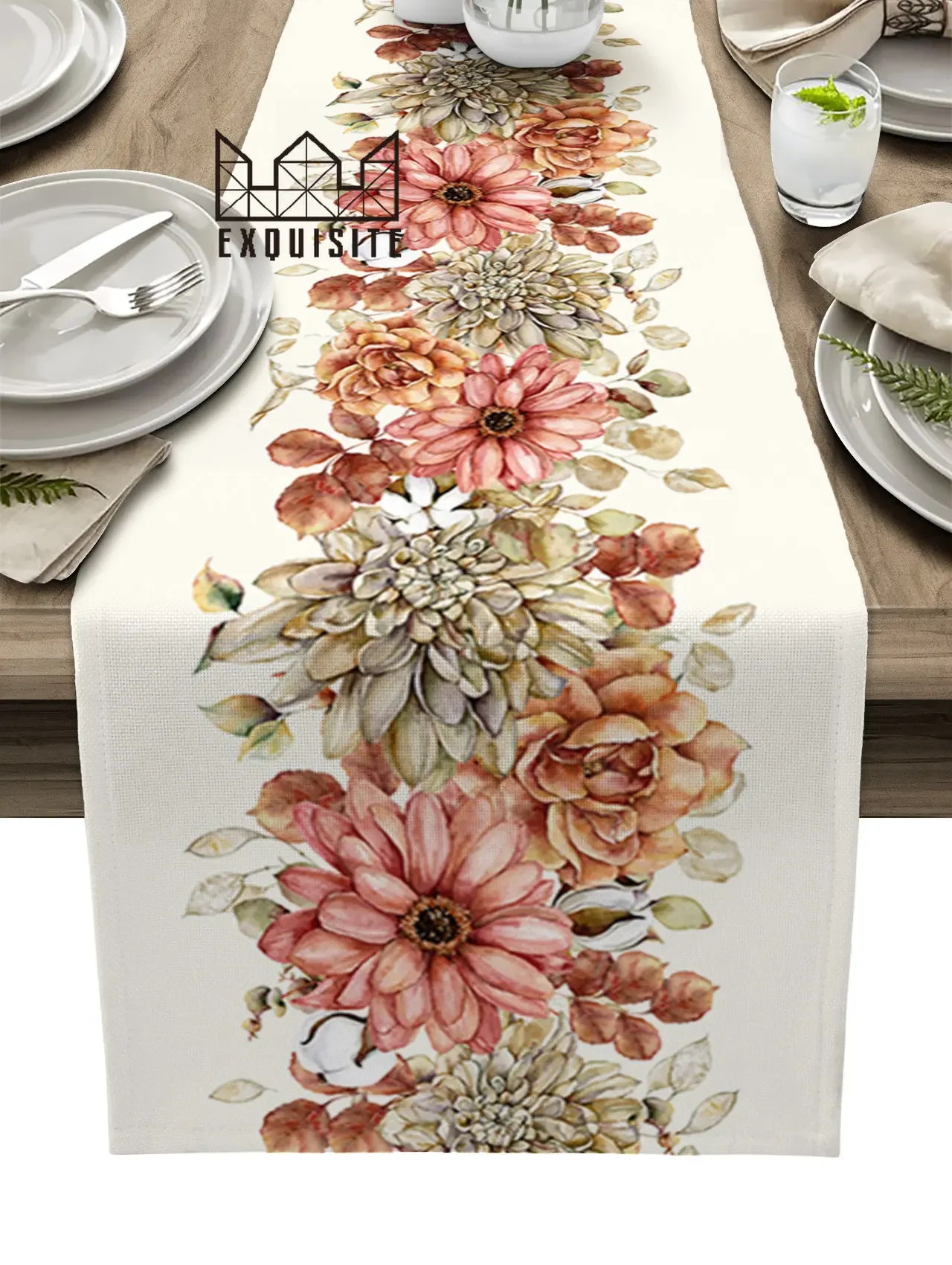 Eucalyptus Idyllic Fall Dahlia Rose Wedding Decorations Coffee Table Decor Tablecloth Table Kitchen Decorative Table Runner