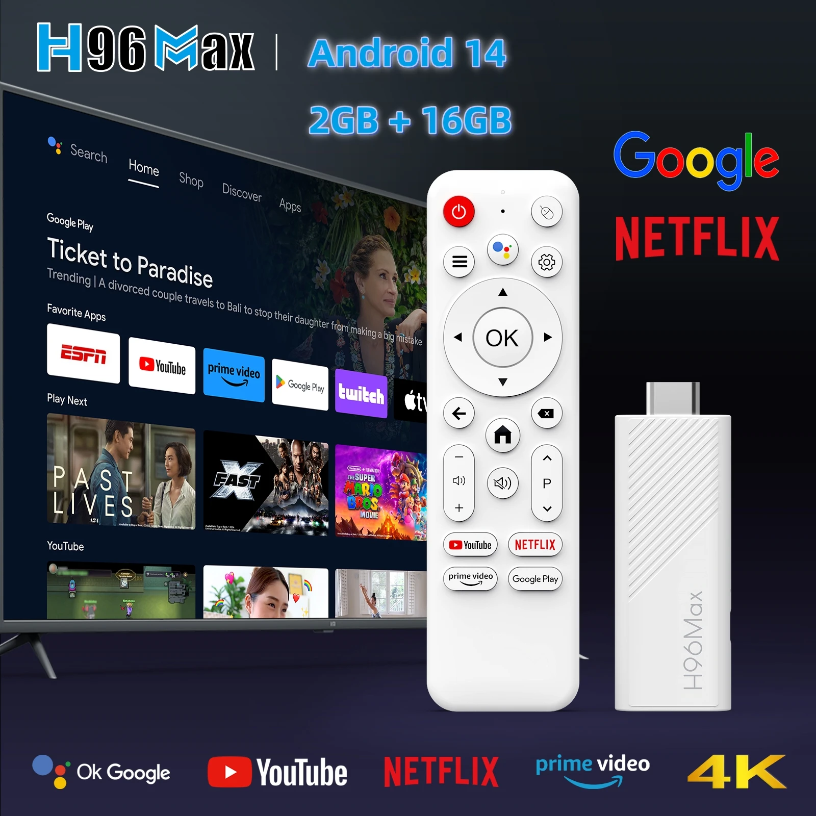 H96 MAX Mini TV Stick H313 Android 14 2GB 16GB 8GB Dual Wifi6 BT5.0 4K HD Google Voice Assistant Home Media Player AI TV Stick