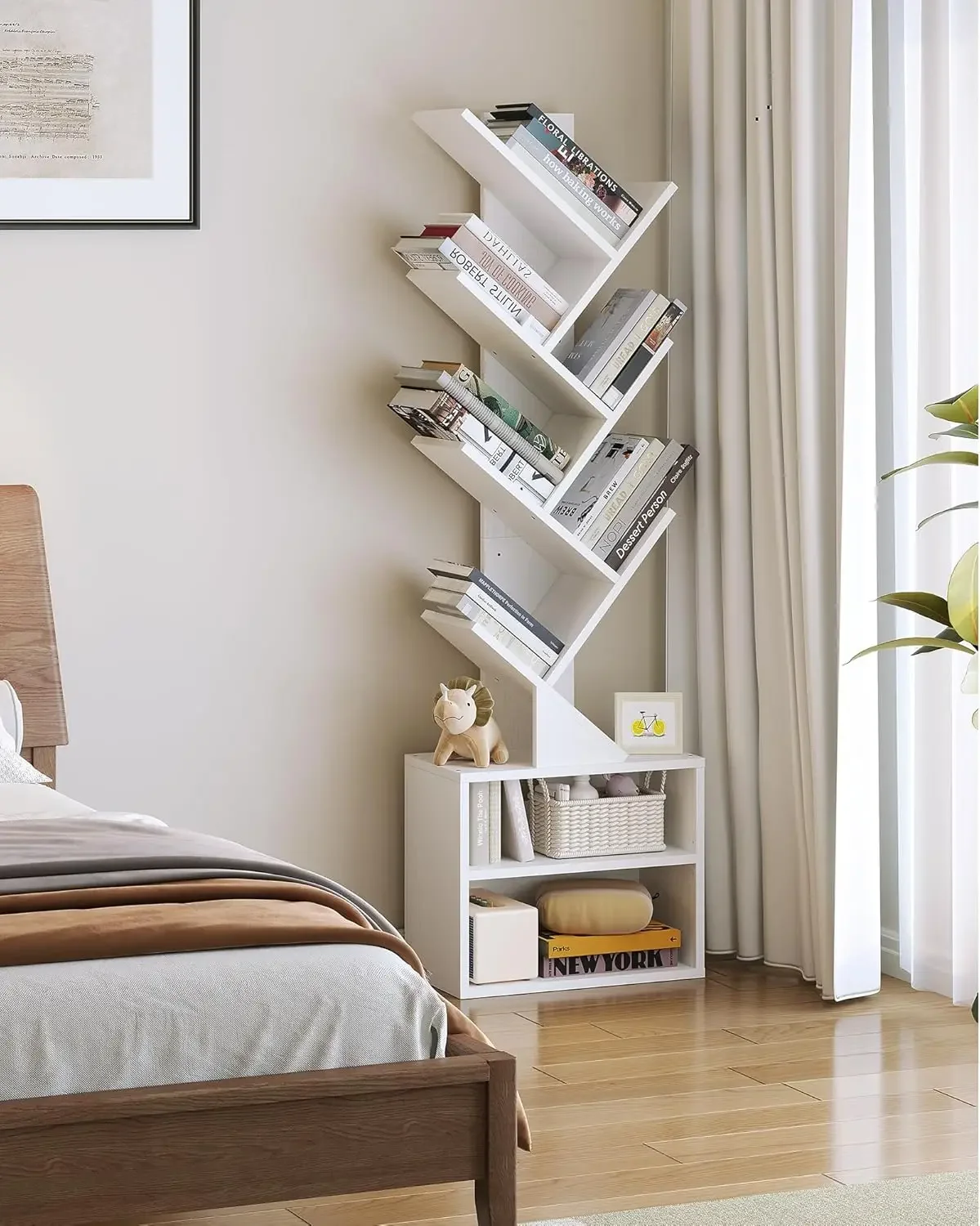  6 Tier Tree Bookshelf Tall Bookcase with Storage Cabinet, Modern Narrow Bookshelves Organizer, Floor Standing Book Shelf