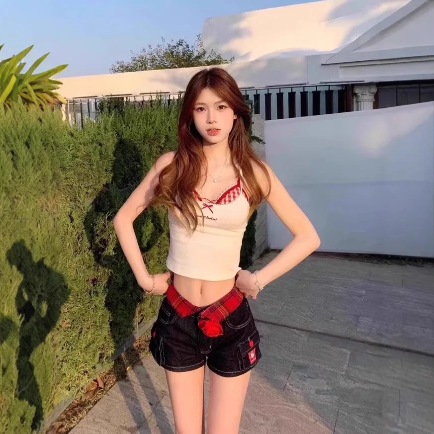 Women's Jeans American Retro Red Grid Contrasting Color Kt Cat Embroidered Denim Shorts 2026 Spring And Summer New High Waist Th