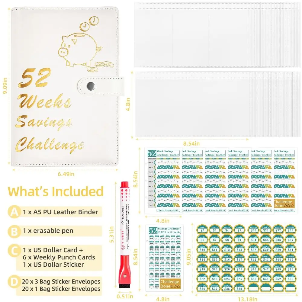 น่ารัก 52 สัปดาห์ออมทรัพย์ Challenge Binder หนัง PU สีสันสดใส 52 สัปดาห์ออมทรัพย์ Challenge Notebook พราวสีประหยัดเงิน