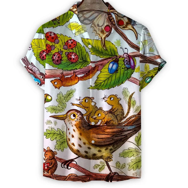 Fairy Tale Squirrel Bird Hawaiian Shirt Men Summer 3d Print Cartoon Painting Short Sleeves Shirts Harajuku Street Loose Blouse