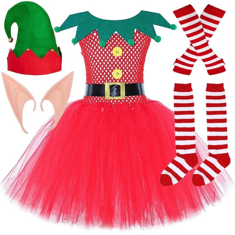 Girls Elf Costume for Kids Red Green Santa Elf Tutu Dress Girls Christmas Princess Dress Toddler Girl Festive Xmas Party Outfit