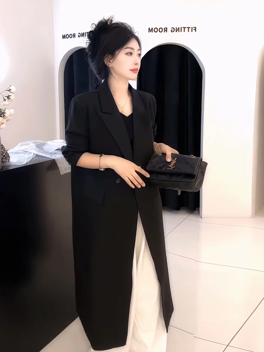 Novo Casaco Feminino Casual de Alfaiataria, Comprimento até o Joelho, Estilo para o Dia a Dia, Caimento Solto, Manga Longa, Primavera Outono 2025