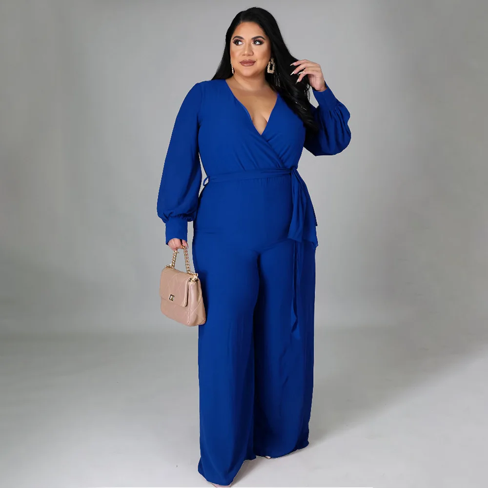 

Элегантный комбинезон больших размеров с v-образным вырезом и поясом. Осенняя мода 2024, широкие брюки, женский повседневный праздничный тканевый женский цельный наряд