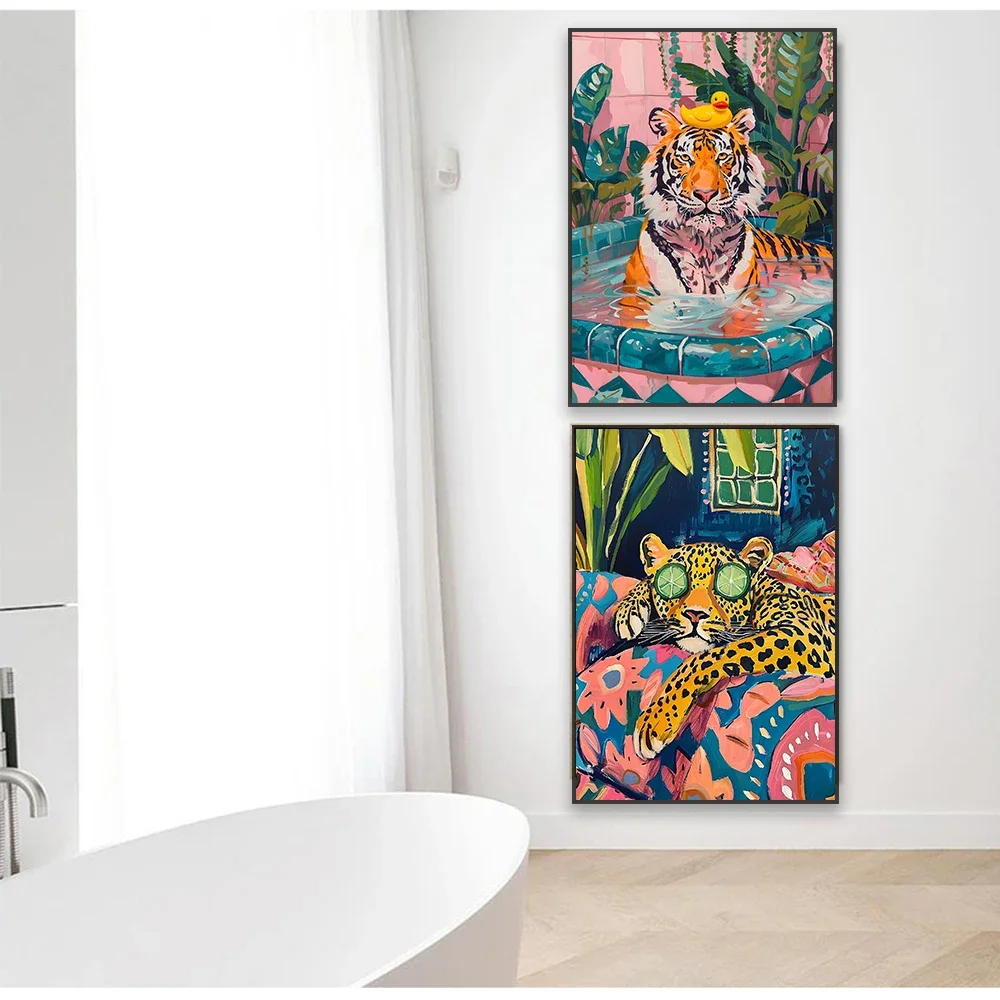 1pc frameless Canvas Painting Cute Otter Colorful Oil Painting Print Poster Tiger in Bathtub Animal Art Rubber Duck Maximalist C