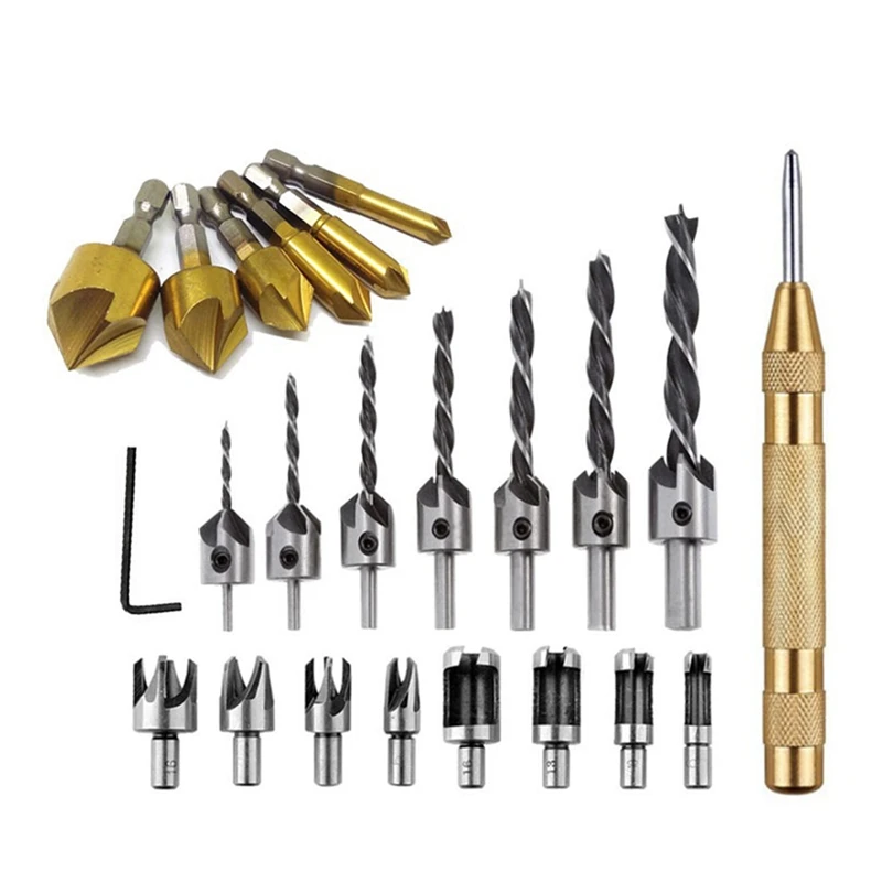 23Pcs Center Punching Three-Pointed Woodworking Drill Hexagonal Handle Five-Edge Chamfering Set Silver&Black&Gold