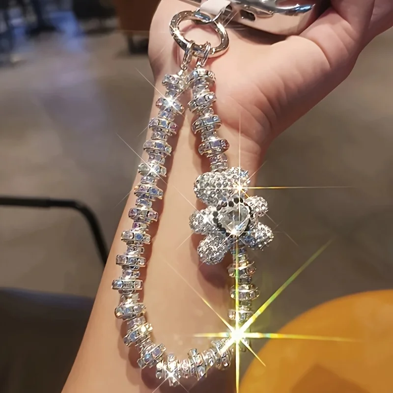 

Women’s crystal bear phone strap accessory, fully rhinestone decoration, durable PVC, elegant DIY pendant chain