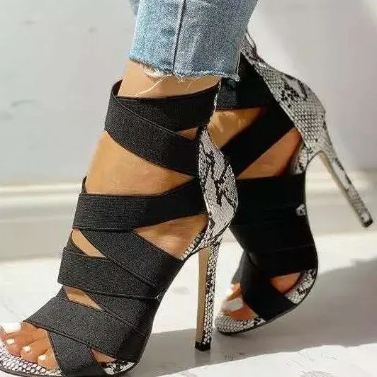 Female Sandal Strappy Heels Shoes Snakeskin Open Toe 2023 Women's Large Size Girls  Peep New Fashion Big High Stiletto Leather L