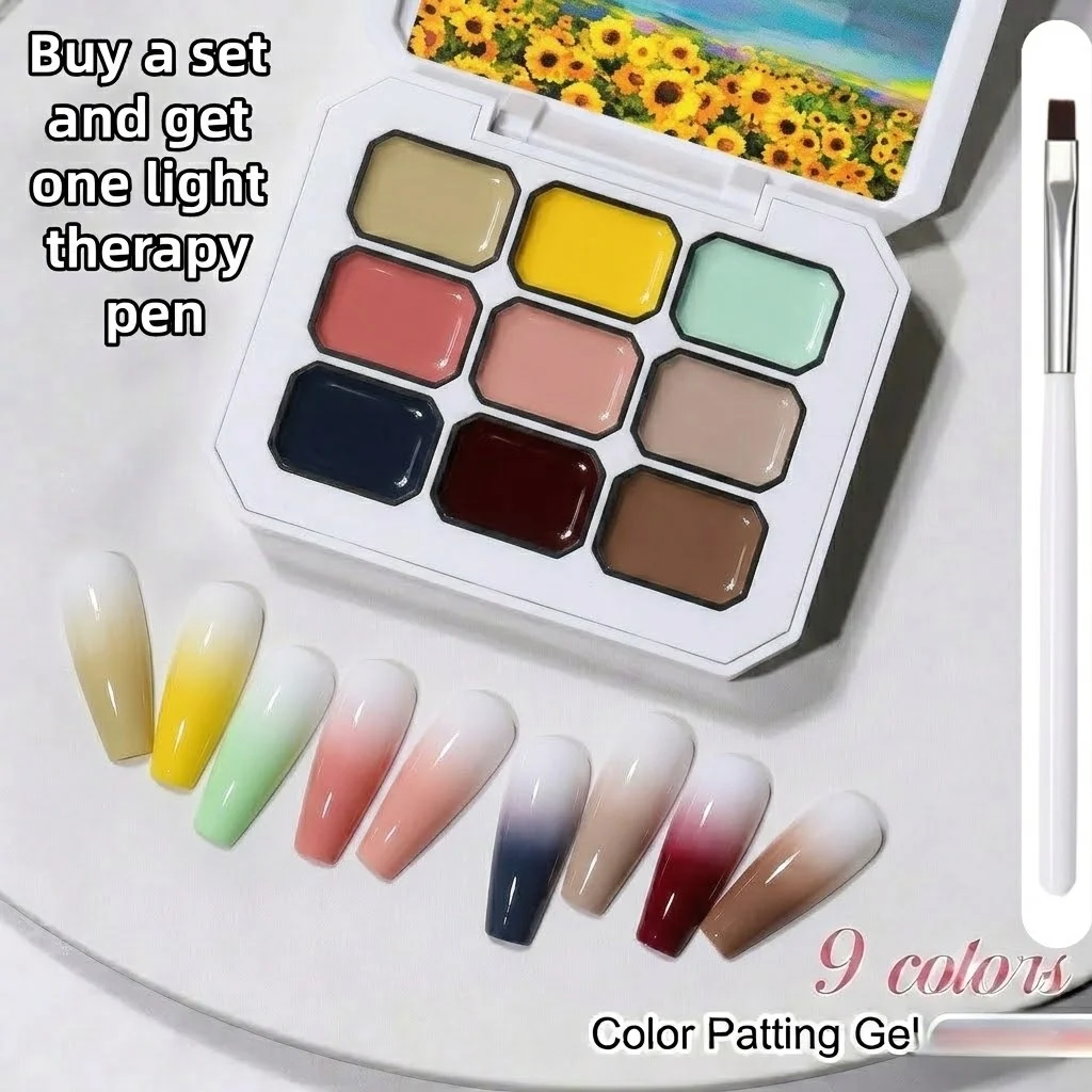 9 Shades Macaron Bright Solid Patting Gel Palette UV Soak Off LED Nail Painting Cream Gel Free Nail Brush Manicure Pigment for D