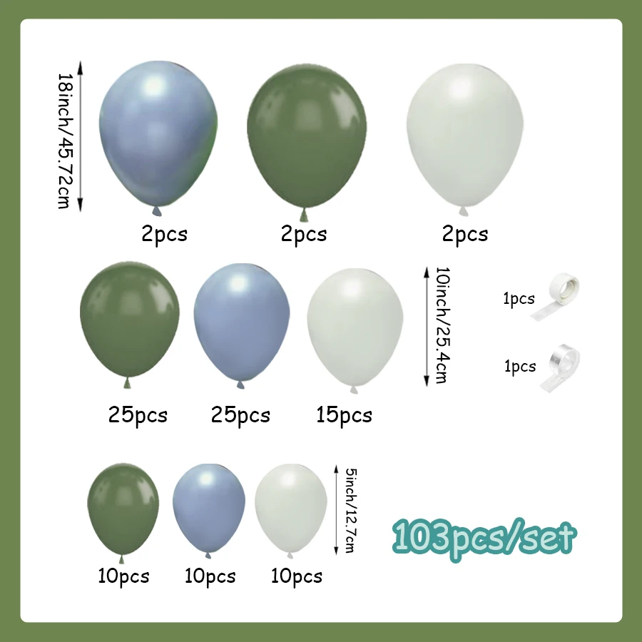 103Pcs Blue and Green Balloon Garland Set, Avocado Green Latex Balloons, White Sand Balloons, Arch Kit, Light Blue Balloon Kit Suitable for Jungle Hunting, Birthday, Bridal Shower, Party, Wedding Decorations