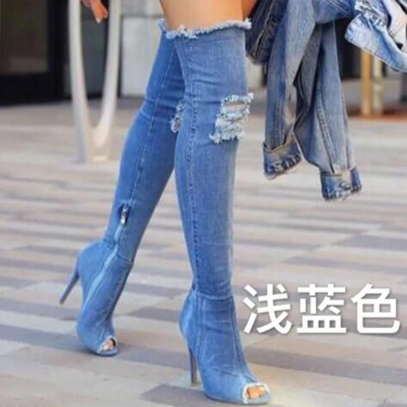 Trend Women Denim Over The Knee Boots Fishmouth Stiletto Heel Elastic Thigh High Jean Boots Ripped Frayed Trim Club Party Shoes