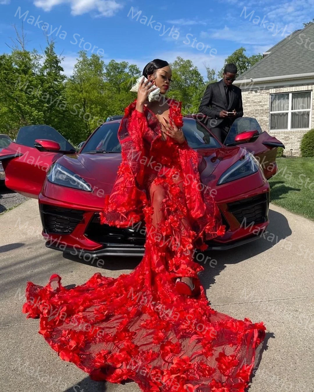 Vestidos de graduación rojos con volantes de sirena, mangas largas, apliques de encaje, tallas grandes, vestidos de novia elegantes para fiesta de boda para mujer africana