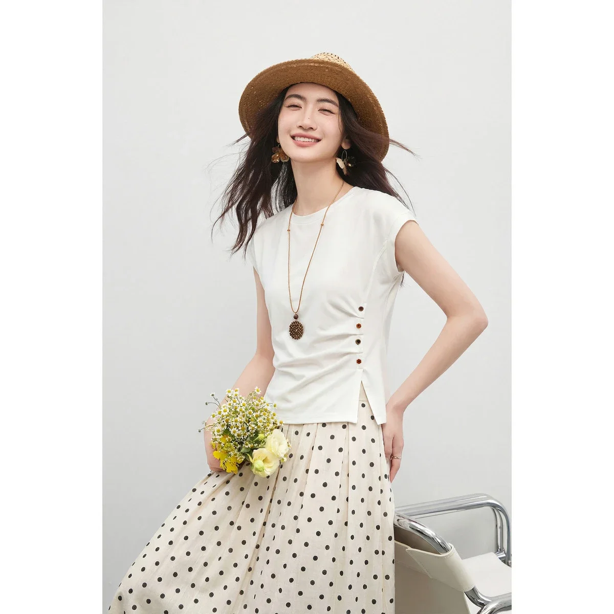 SENTUBILA Women Two Piece Round Neck with Cotton Polka Dot Print A Line Skirt Set 2026 Summer Elegant Matching Sets 162ZL6062Z view 2