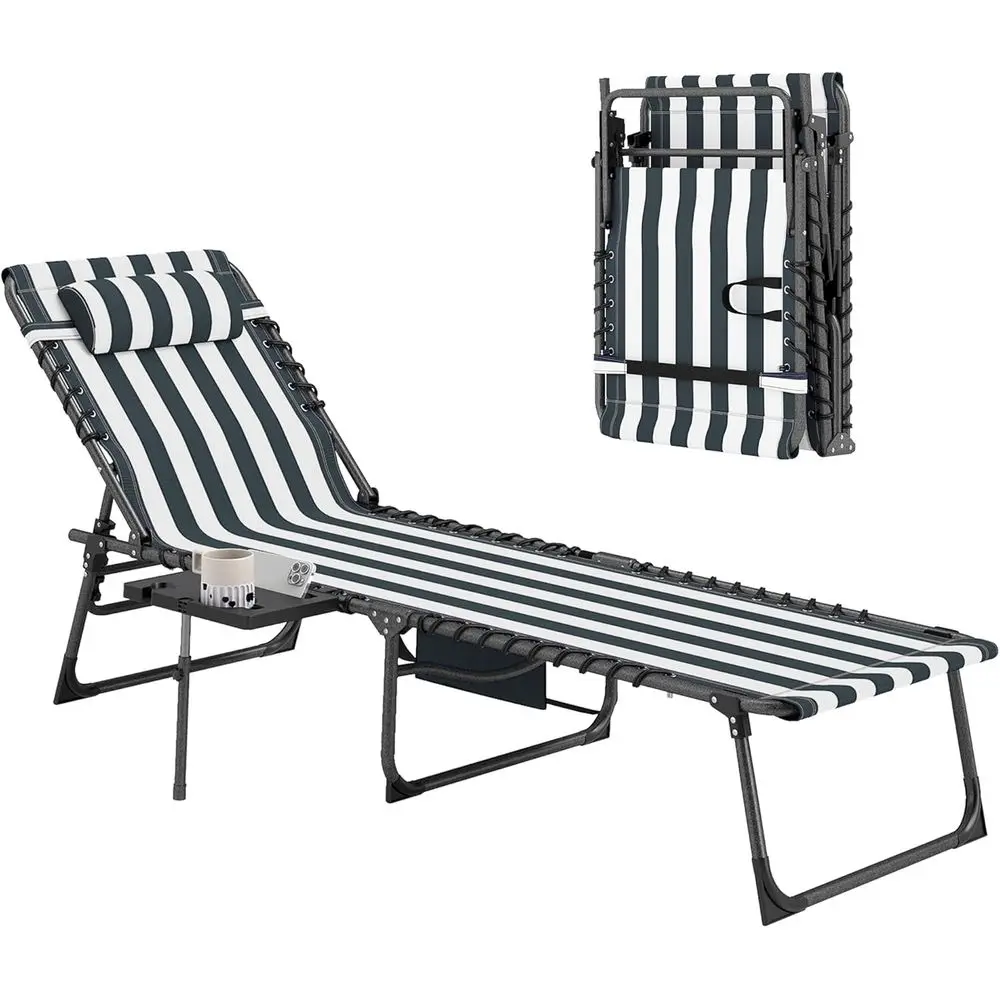 

Регулируемый по 5 уровням шезлонг для улицы с приставным столиком, идеально подходит для пляжа, бассейна, заднего двора, сине-белый