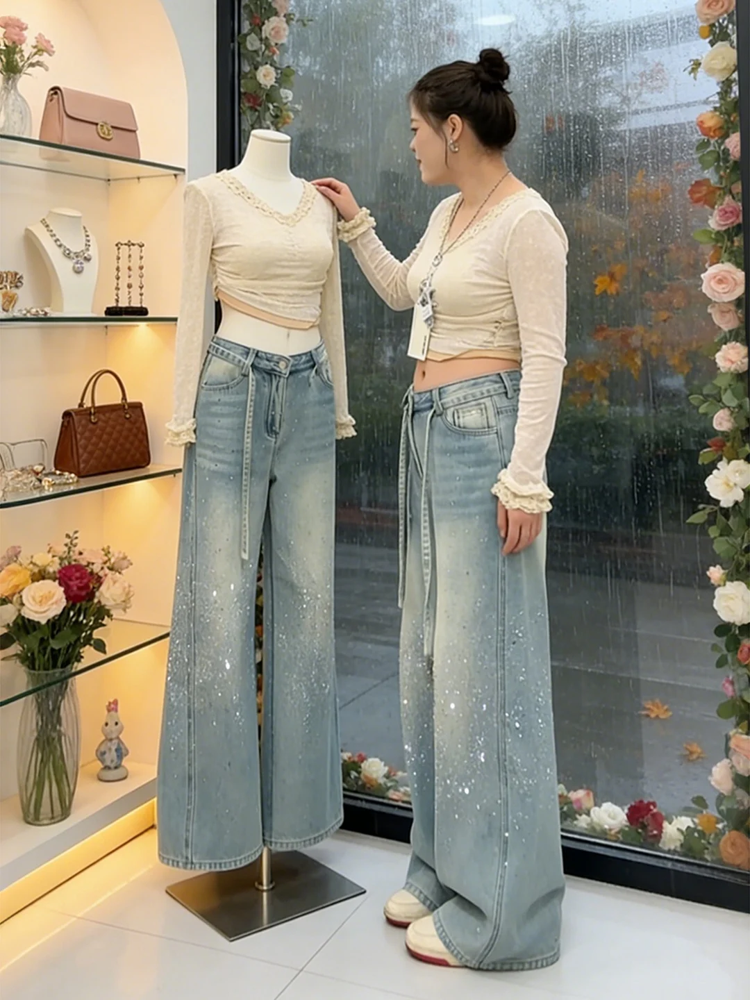 

Синие джинсы с пайетками, широкие, свободного кроя, женские, весенние, больших размеров, повседневные, с высокой талией, на молнии, в пол