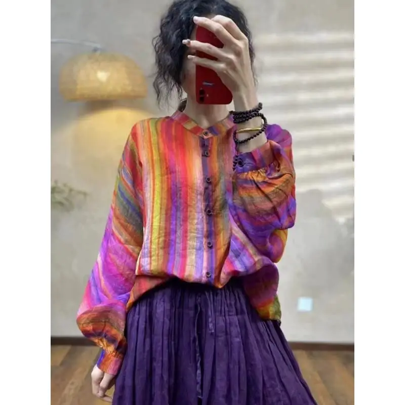 2024 Spring Summer New Rainbow Stripe Printed Shirt Bat Sleeve Loose Hong Kong Style Casual Versatile Long Sleeve Shirt Tops