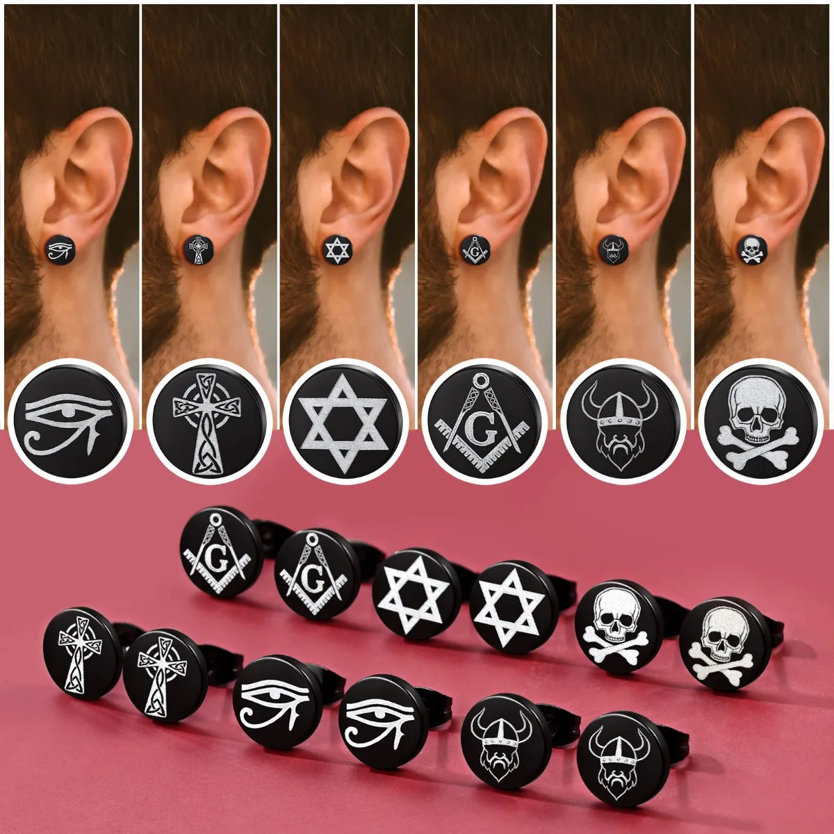 6pairs/set Black Round Stud Earrings Skull Celtic Cross Star of David Viking Wolf Tree Fighter Eye of Horus Unisex Jewerlry QC24