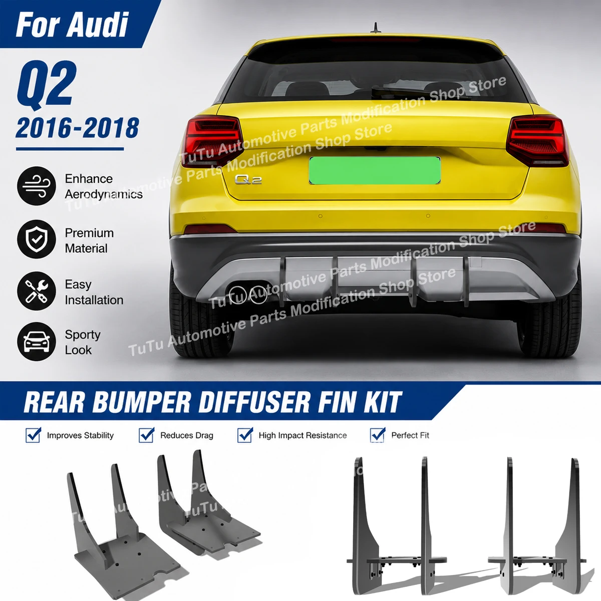 Rear Diffuser Bumper Splitter for Audi Q2 2016 2017 2018 Spoiler Fin Blade Guard Board Surround Body Kits External Accessories