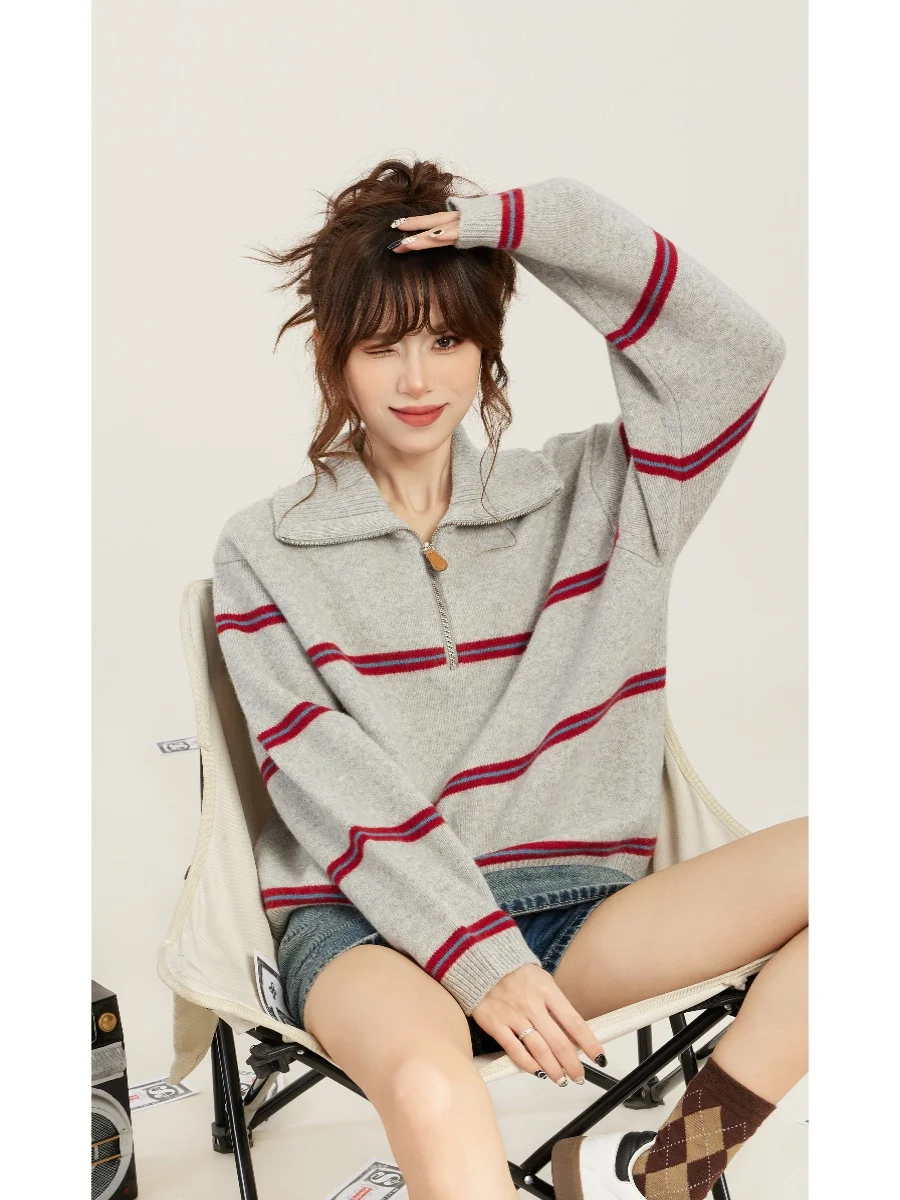 

Pullover Sweater Women's American-Style Retro Half Zipper Striped Lapel Spring Autumn Loose Top Fashion All-Match Color Matching