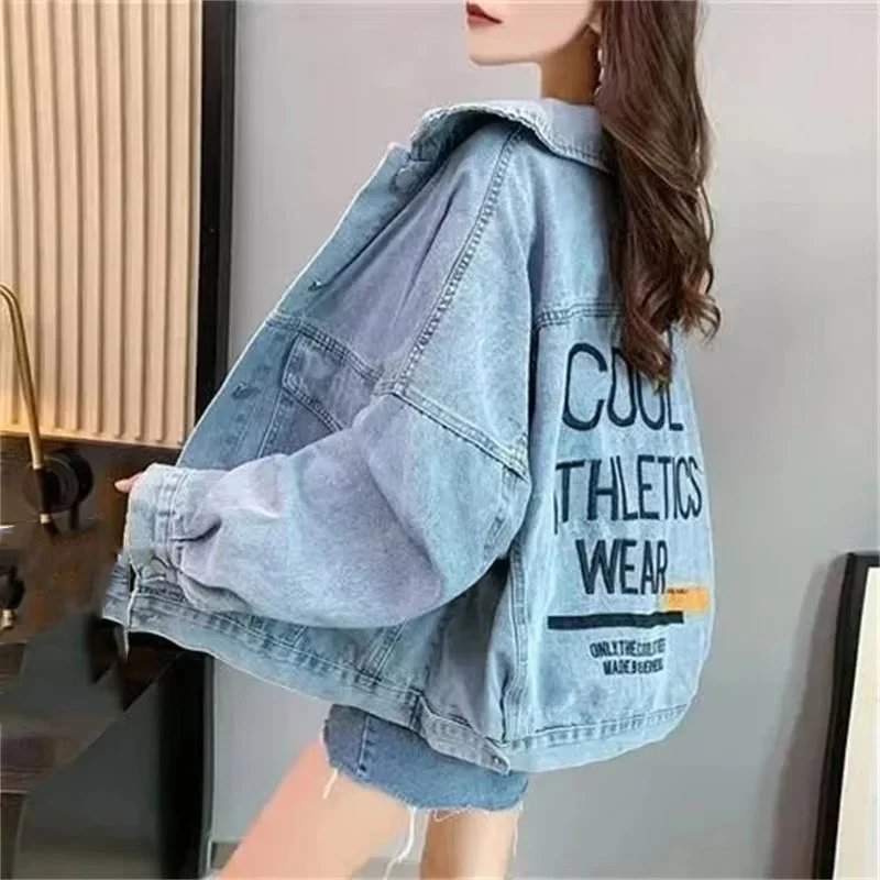 Jaket jins longgar wanita, jaket Denim lengan panjang warna polos, jaket jins bordir wanita, mantel koboi longgar Semua cocok, musim semi, musim gugur