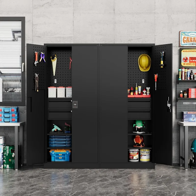 Metal Storage Cabinet-Heavy Duty Tool Cabinet Multifunctional Garage Storage with 2 Drawers&Lockable Doors, Pegboard