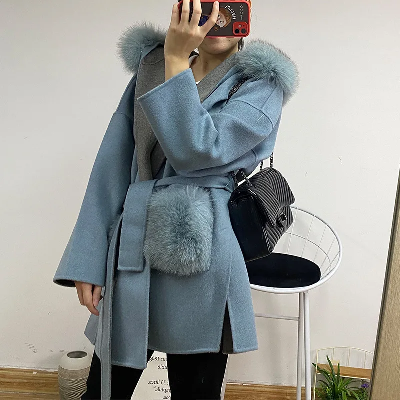 2023 Woolen fur,New  Women\'s Hooded Wool Coat With Real Fur Collar New Winter Female Oversize Belted Cardigan Outerwear With Poc