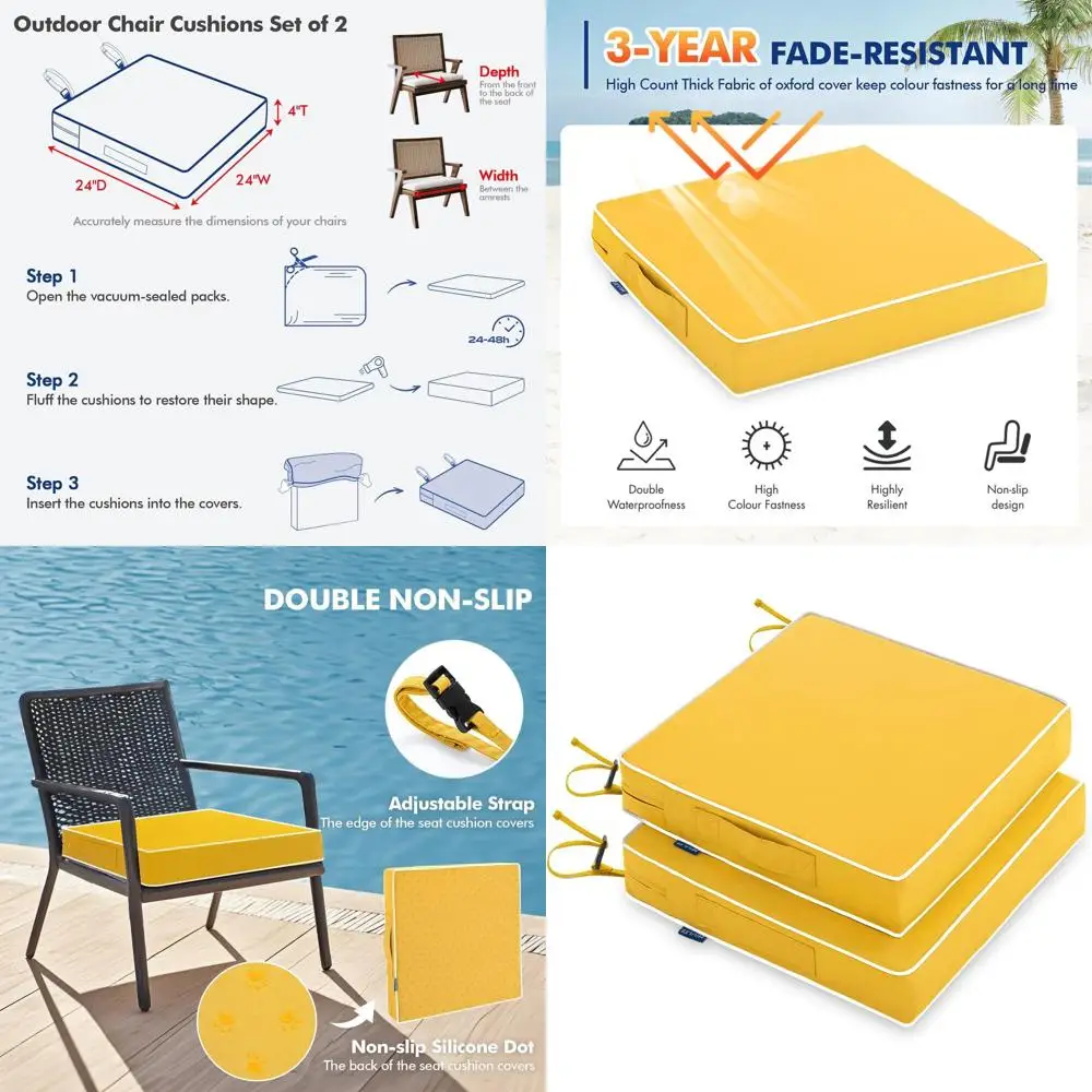 

Set of 2 Yellow Waterproof Outdoor Chair Cushions with Adjustable Straps for Patio Furniture, 24x24x4
