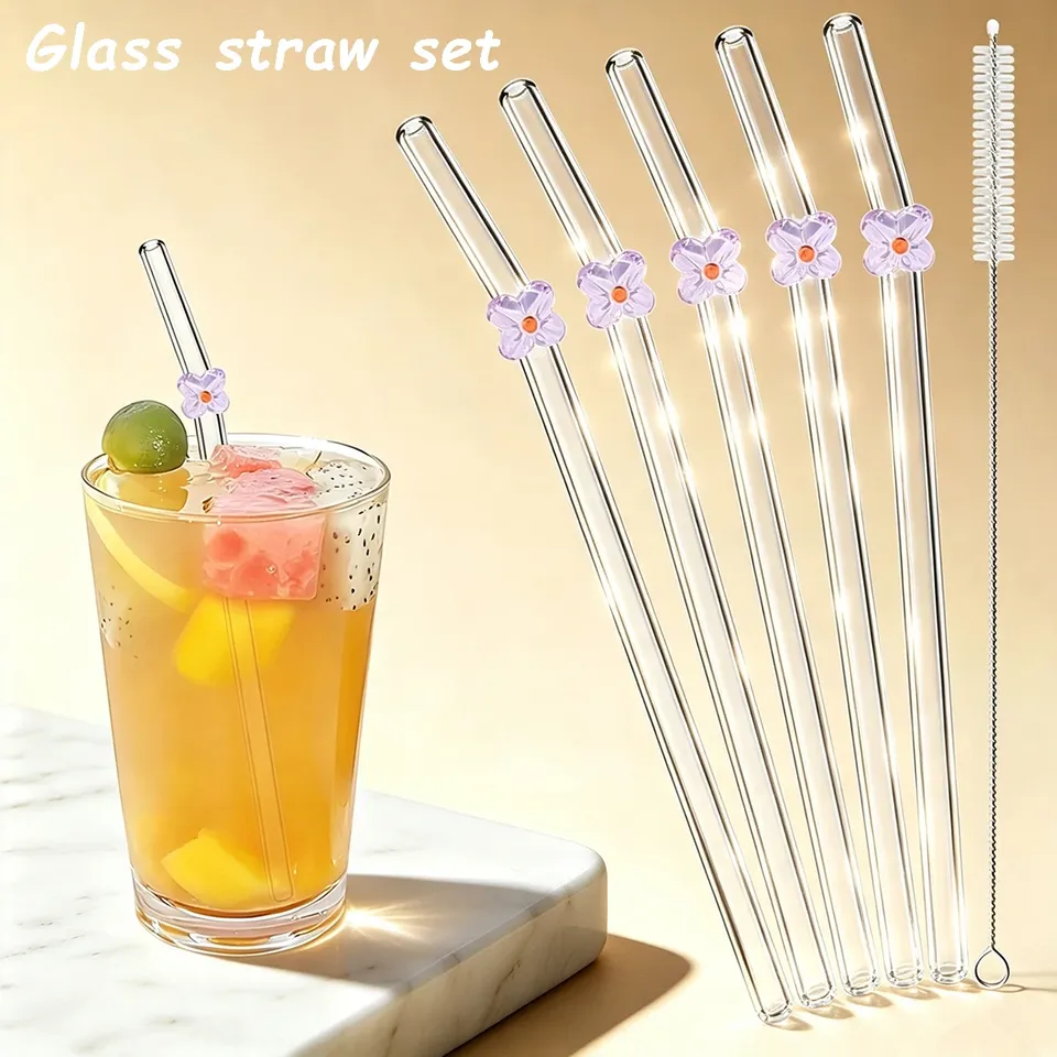 5pcs Purple Flower Reusable Straw Set Glass Straws with Brush Transparent Straw for Milkshakes Juices Coffee Bar Accessories