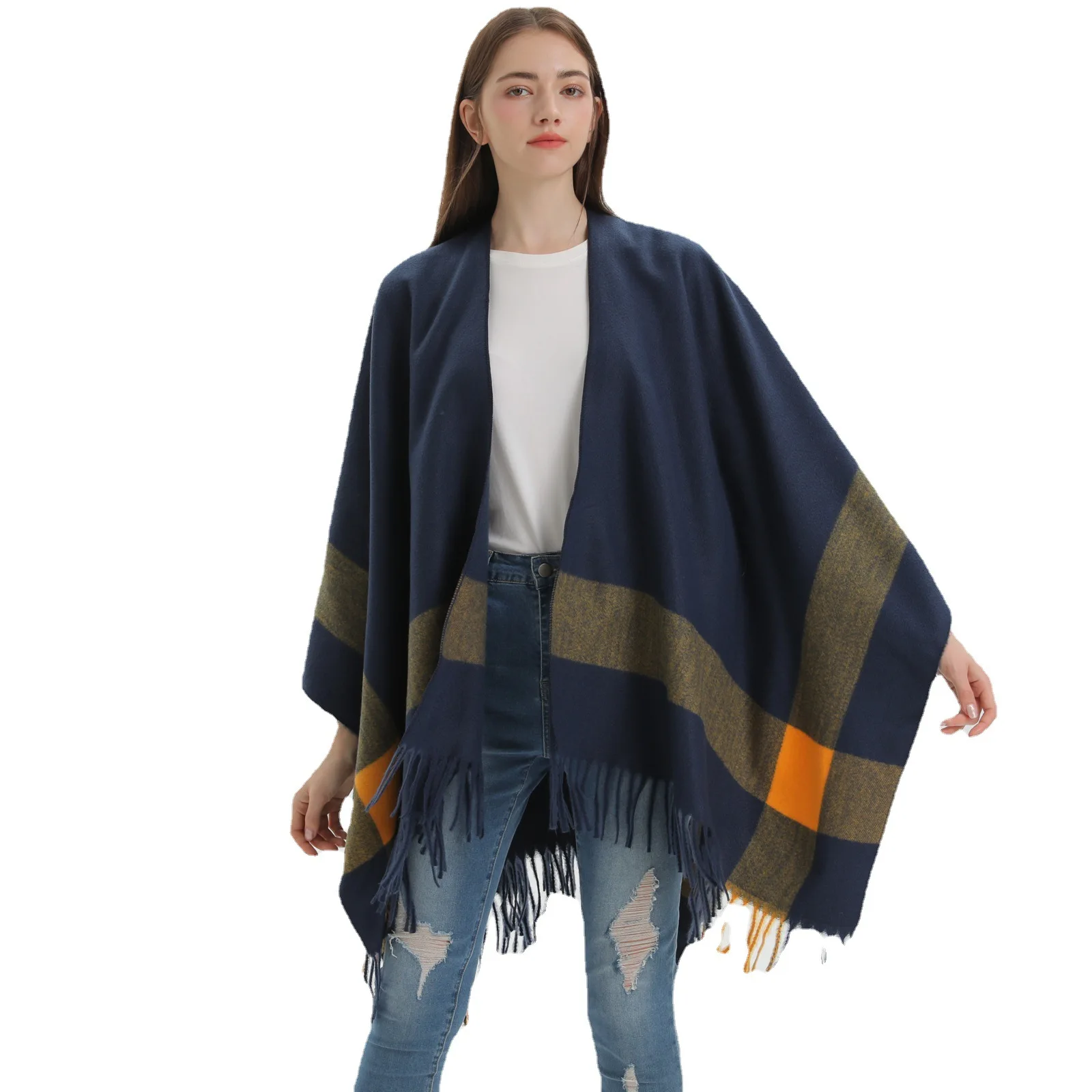 

Poncho Autumn and Winter Women's Knitted Double Sided Large Shawl European American Imitation Cashmere Warm Cloaks Lady Capes P