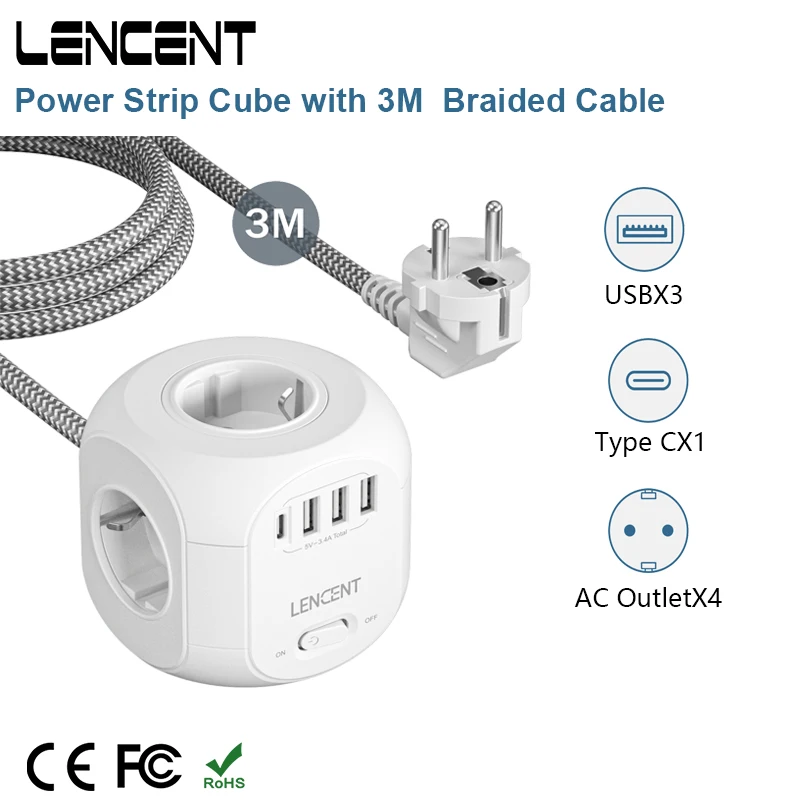 LENCENT Power Strip Cube with 4 AC Outlets 3 USB Port 1 Type C 3M Braided Cabe Multi Socket Power Adapter with Switch for Home