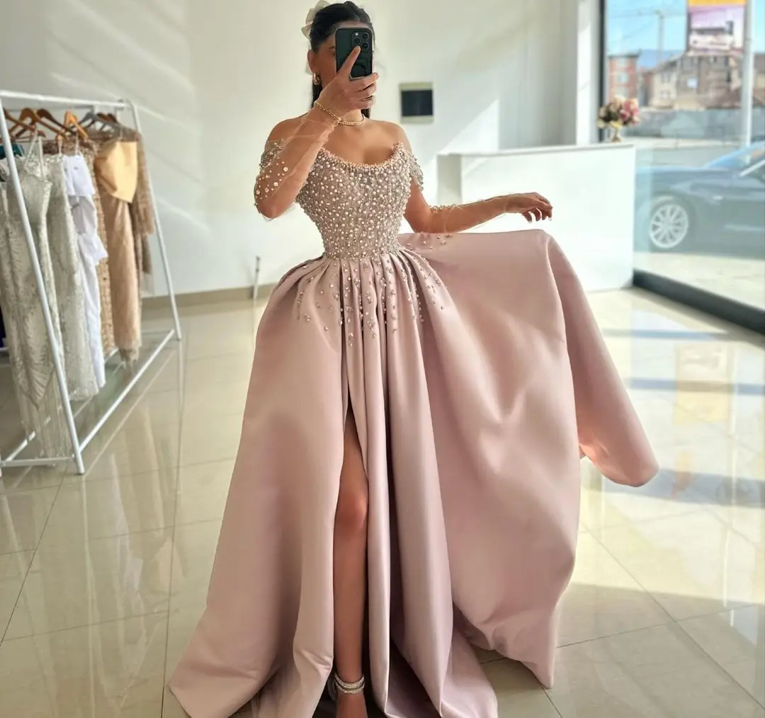 Elegant Gorgeous Pink Evening Dresses Tiered Floor-Length Party Gowns Sleevesless Beads Formal Occasion Prom Dresses