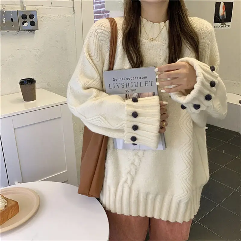 Vintage White O-neck Sweater Women Autumn Winter Loose Long Sleeve Warm Knitwear Simplicity Office Lady All-match Knitting Tops