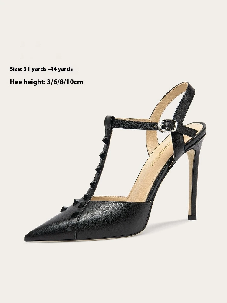 

Spring and summer new pointed rivet T-band low-heeled shoes thin high-heeled banquet dress large size small size women's sandals